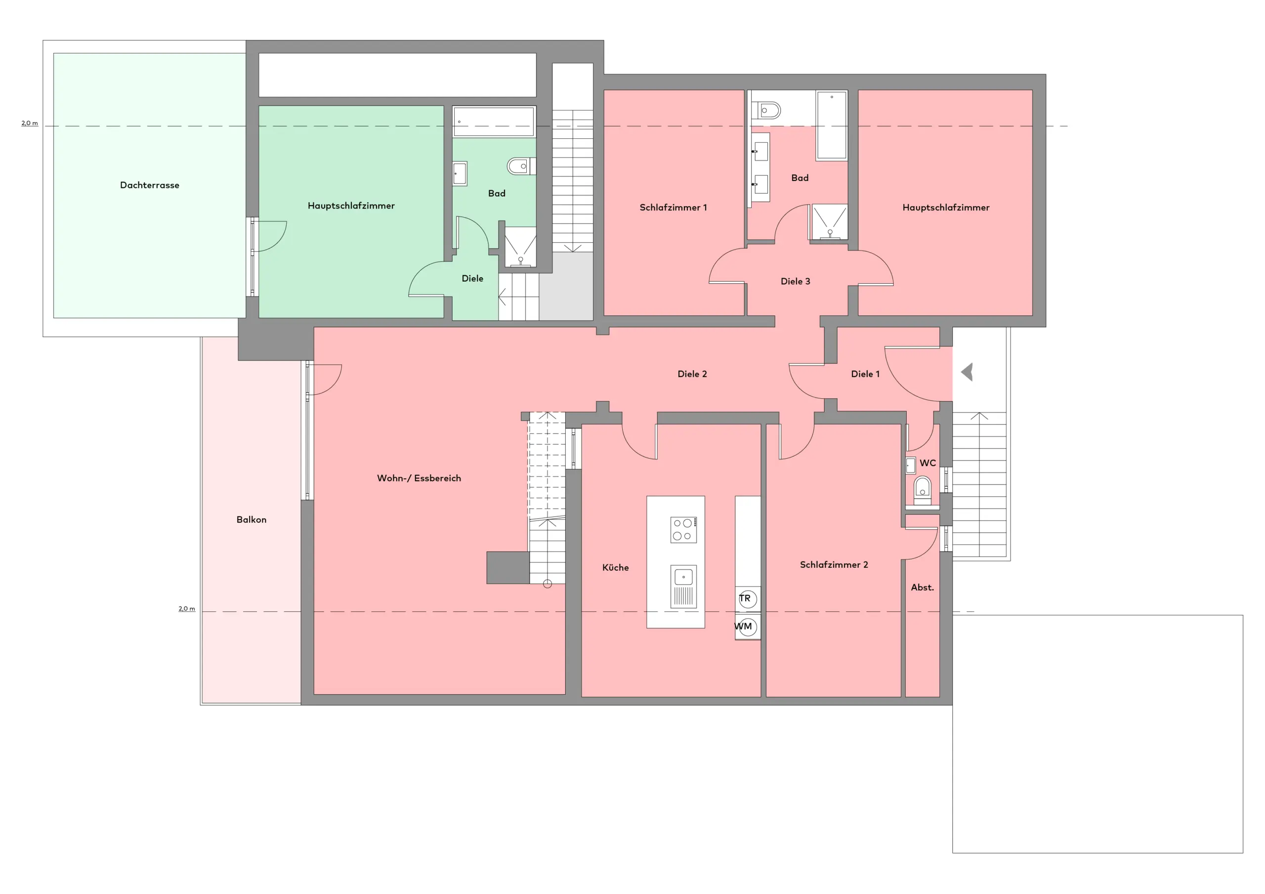 Grundriss eines Wohnhauses mit Schlafzimmern, Wohnbereich, Küche, Badezimmern, Abstellraum, Balkon und Ankleidezimmer, mit beschrifteten Räumen und Verbindungsfluren.